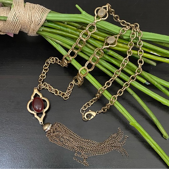 Vintage Double Sided Semi-Precious Stone Gold-tone Chain Tassel Necklace - Picture 1 of 16
